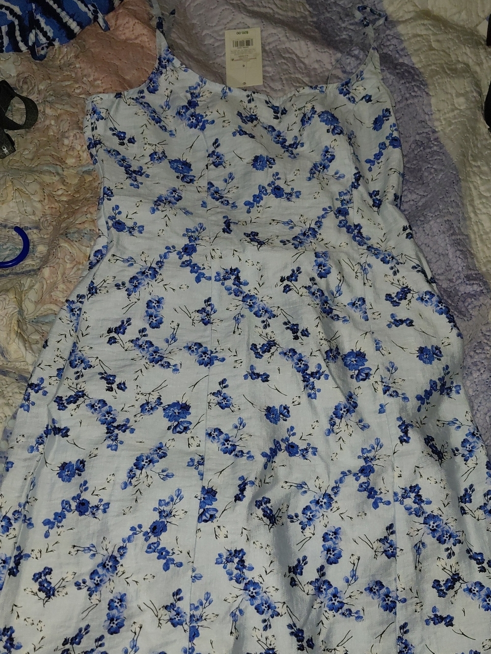 a new day White Midi Dress with Blue Floral Print and Adjustable Straps